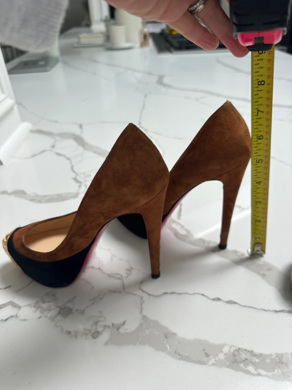 Christian Louboutin Suede Black and Camel Brown Heels Gold Toe 36 Sz